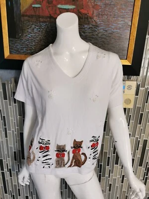 Victoria Harbour Cardigan Top Whimsical Crazy Cat Lady Paws SZ M White 0225 - Image 1 of 4