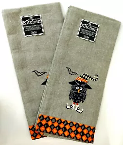 Kitchen Tea Towel Set 2 Black Owl Halloween Horror Decor Linen Gray Black Orange - Picture 1 of 4