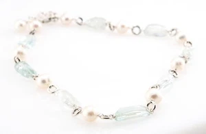 NEU Funkelnde hellblaue Aquamarin & weiße Süßwasserperlen Silber Kette Halskette - Bild 1 von 6