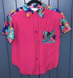 Camisa De Colección Rosa Caliente Tropical Borde Abotonada Mediana Hawaiana Abuela Núcleo - Imagen 1 de 8