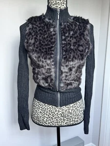 GUESS Los Angeles Faux Fur Zip-up Sweater Jacket Dark Ribbed Size XS NWT - Picture 1 of 6
