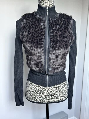 GUESS Los Angeles Faux Fur Zip-up Sweater Jacket Dark  Ribbed Size XS NWT - Image 1 of 4