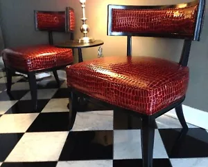 TWO side CHAIRS red patent leather reptile-embossed texture black wood frame - Picture 1 of 10
