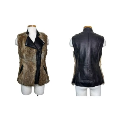 BCBGMAXAZRIA Chaleco de Cuero Piel de Conejo Cremallera Asimétrica Frontal Marrón BCBG Pequeño Foto 1 de 4