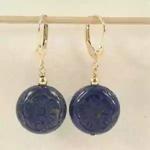 14kt Solid Yellow Gold Leverback Natural Gemstone Blue Lapis Earrings - Picture 1 of 5