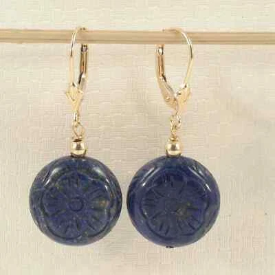 14kt Solid Yellow Gold Leverback Natural Gemstone Blue Lapis Earrings - Image 1 of 4