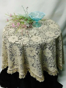 Rose Garden Round Lace Tablecloth 60" Natural Organic Cotton Khaki with Fringe - Picture 1 of 4