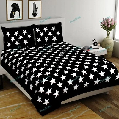 Estampado Geométrico Estrella - Sábana Cama Doble Algodón Negro 90x108 KING con 2 Pillos Foto 1 de 4