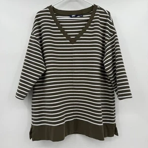 Lands End Top Women 1X Green Striped Waffle Knit V Neck 3/4 Sleeves Pullover - Picture 1 of 11