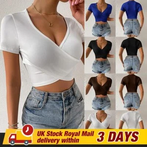 Womens V-Neck Sexy Crop Tops Summer Short Sleeve Slim Fit T-Shirt Blouse Tee UK - Picture 1 of 19