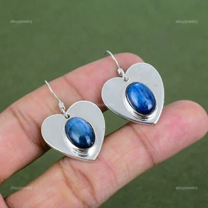 Valentines Deal Natural Kyanite Heart Hook Handcrafted Drop Earrings 925 Silver - Picture 1 of 6