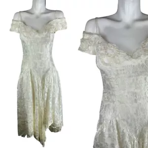 Vtg 80s Zum Zum White Lace Off Shoulder Wedding Dress Party Handkerchief Hem 4 - Picture 1 of 9