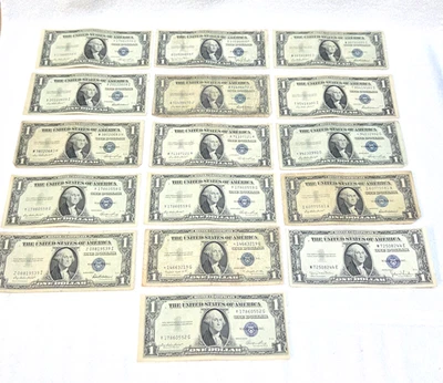 16 One-dollar Silver Certificates, some uncirculated. 1935's D, E, F & one 1957 - Image 1 of 4