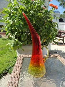 MCM Amberina Crackle Glass Swung Vase Pitcher Vintage Kanawha 14 1/2" Tall - Picture 1 of 7