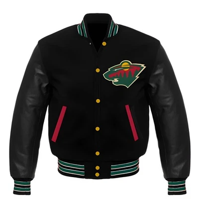 Minnesota Wild Black Body Black Leather Sleeves Jacket Men Size M - Image 1 of 4