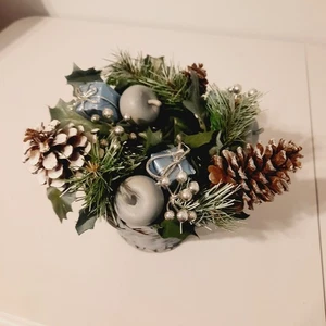 Vintage MCM Stumpenkerzenring Kranz mit Korb staubblau Kunststoff - Bild 1 von 12