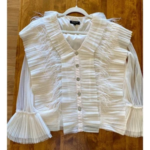 Blusa para mujer BEULAH STYLE beige ribete de plumas plisada cuello en V botón delantero L usada en excelente estado - Imagen 1 de 13
