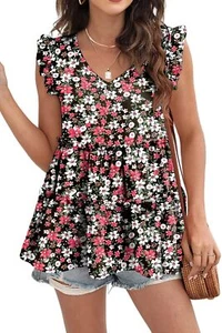 Floral Flowers Summer Babydoll Tops for Women V Neck Ruffle Sleeve Red Whie M - Picture 1 of 6