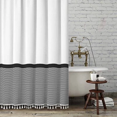 Black and White Shower Curtain Striped with Tassels for Bathroom DecorHeavy W... - Image 1 of 4