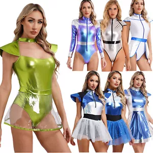 DE Damen Shiny Metallic Halloween Space Alien Cosplay Kostüm Trikot Bodysuit - Bild 1 von 97