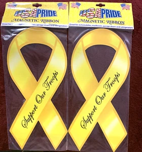 Support Our Troops God Bless The USA Car Fridge Ribbon Magnet Decal Set of 2 - Picture 1 of 3