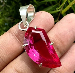 925 Solid Silver Necklace 30+CT Genuine Lab Grown Pink Sapphire Gemstone - Picture 1 of 5