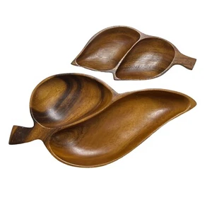 2x Monkey Pod 2 Section Serving Bowl Leaf Form Original Sticker to Base - Bild 1 von 12
