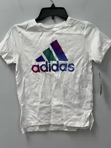 ADIDAS White Short Sleeve T-Shirt Kids Size Medium (10/12) Paint Splatter Logo - Picture 1 of 5