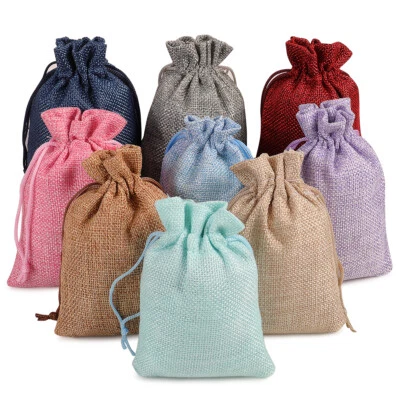 25/50/100 Burlap Bags Linen Jewelry Pouches Jute Hessian Gift Bag Wedding Favor  - Image 1 of 4