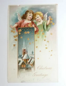 Postcard CHRISTMAS 1906 TWO ANGELS Above Church & Stars - Picture 1 of 2