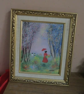 Enamel on Copper Art Painting Children Lady Parasol Signed Cardin 8"x10" Framed - Picture 1 of 6