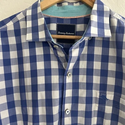 Camisa Tommy Bahama Para Hombre XL XXL Algodón Azul Cuadros Manga Larga Abotonada Logo Foto 1 de 4
