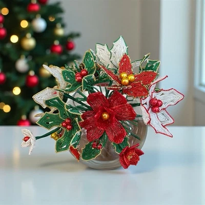 NUEVO HECHO A MANO FLORES DE AÑO NUEVO CON CUENTAS FRANCESAS 11 PIEZAS Foto 1 de 4