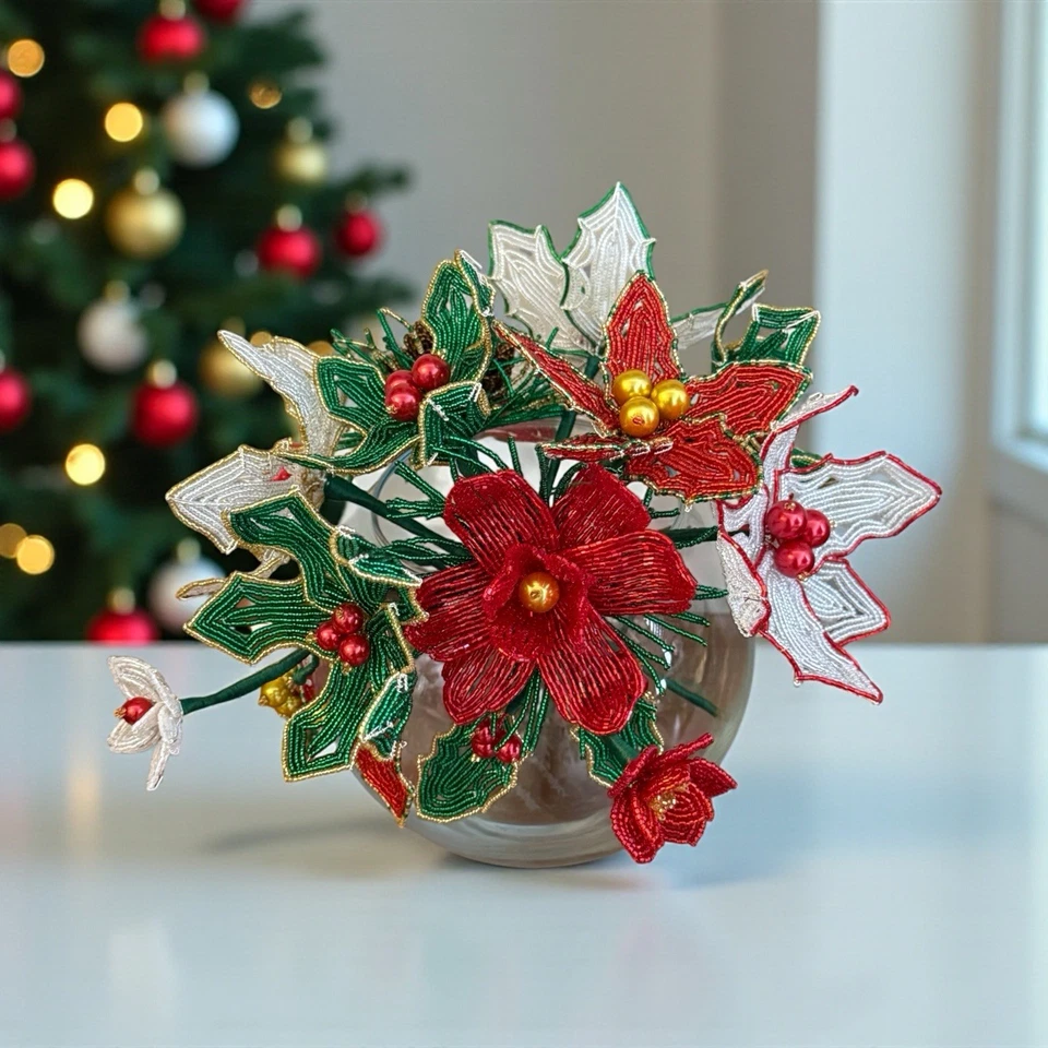 НОВЫЙ РУЧНОЙ РАБОТЫ ФРАНЦУЗСКИЙ БИСЕР НОВОГОДНИЕ ЦВЕТЫ 11 ШТУК - Изображение 1 из 4