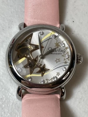Stuhrling自动骨架女式手表粉色皮革表带星星脸 — 第 1/4 张图片