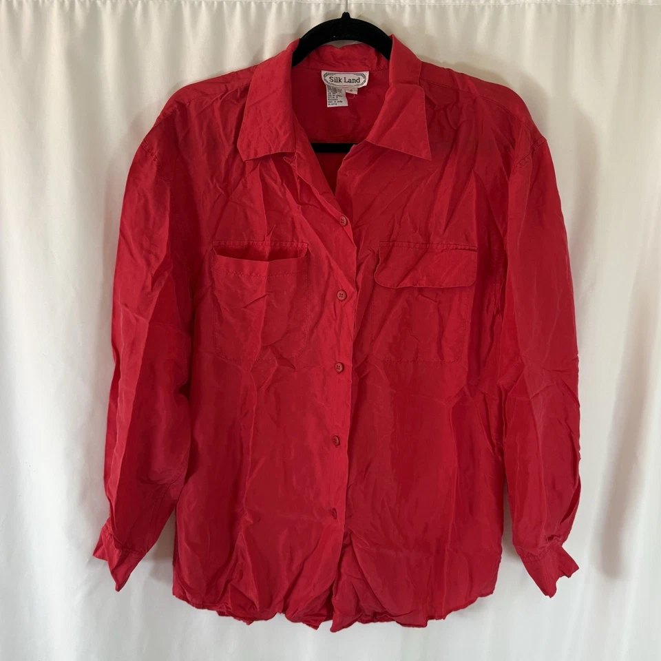 Camisa Silk Land para mujer pequeña roja con botones manga larga 100 % seda pura Foto 1 de 4