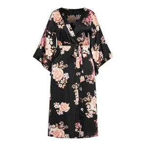 Fox & Royal Carla Morgenmantel Damen Übergröße 12 schwarz Blumenmuster Kimonoärmel Gürtel neu - Bild 1 von 5