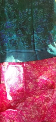 Sari Saree Fuchsia Pink Cream Black W/Green End 6 Yds X 43" - Image 1 of 4