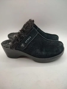 Crocs cobbler shimmer black leather slip on faux fur lined heeled mules suede 7 - Picture 1 of 12
