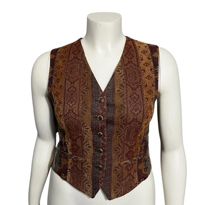 Talbots Petite Vest Womens Damask Print Brown Burgundy Sz-8P - Image 1 of 4