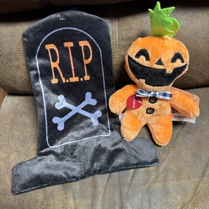 New Lot Of 2 Halloween Dog Toys Squeak Pumpkin Man Crackle Squeak Tombstone - Picture 1 of 1