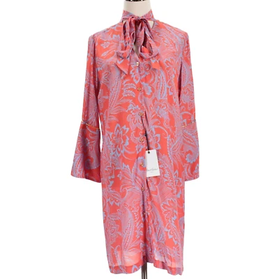 Vestido Robert Graham Nuevo con Etiquetas Brenna Talla M en Coral Naranja/Azul Mezcla Seda Foto 1 de 4