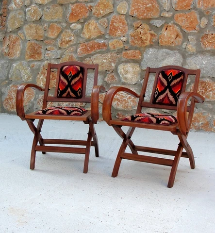 Art Deco Chairs, Two Foldable chairs Bohemian Geometric Folding Chairs, 1930s Cover