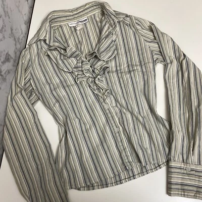 Vintage Necessary Objects Button Up Ruffle Pin Stripe Fitted Long Sleeve Top - Image 1 of 4