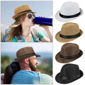 Men Women Summer Straw Fedora Hat Trilby Cuban Sun Cap Panama Short Brim Floral - Picture 1 of 16