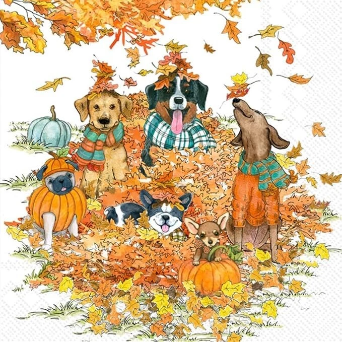 IHR Decoupage Art Craft Napkin 5" x 5" Cocktail Size , Autumn Dogs, Puppy Trouble