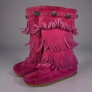 Toddler Girls Size 7 Minnetonka Pink Tall Fringe Boots Leather Upper Suede - Picture 1 of 13