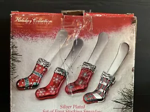 Godinger Silver Treasures Christmas Butter Cheese Knives Set Of 4 Stockings - Picture 1 of 4