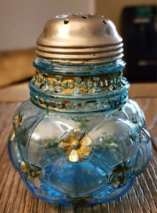 ANTIQUE BLUE & GOLD NORTHWOOD SUGAR CINNAMON SHAKER MUFFINIER QUILTED PHLOX  - Picture 1 of 20