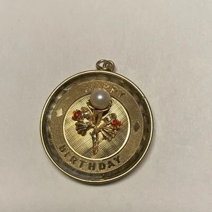 Happy Birthday Pendant 14K Yellow Gold Pearl and 2 Red Stones, 5.4 Grams, 1.25" - Picture 1 of 4